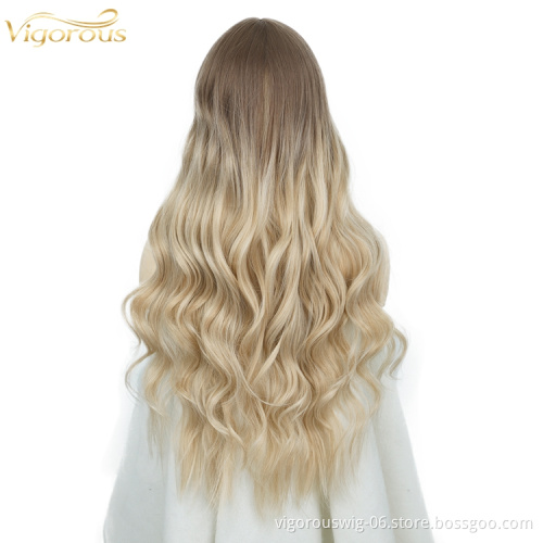 Vigorous Blonde Brown Ombre Wigs with Bangs Natural Wave Long Curly Two Tone Synthetic Hair for Black Women Cosplay Party